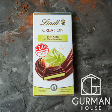 Чорний шоколад Lindt Creation Pistachio з фісташково-мигдалевою начинкою 150 г